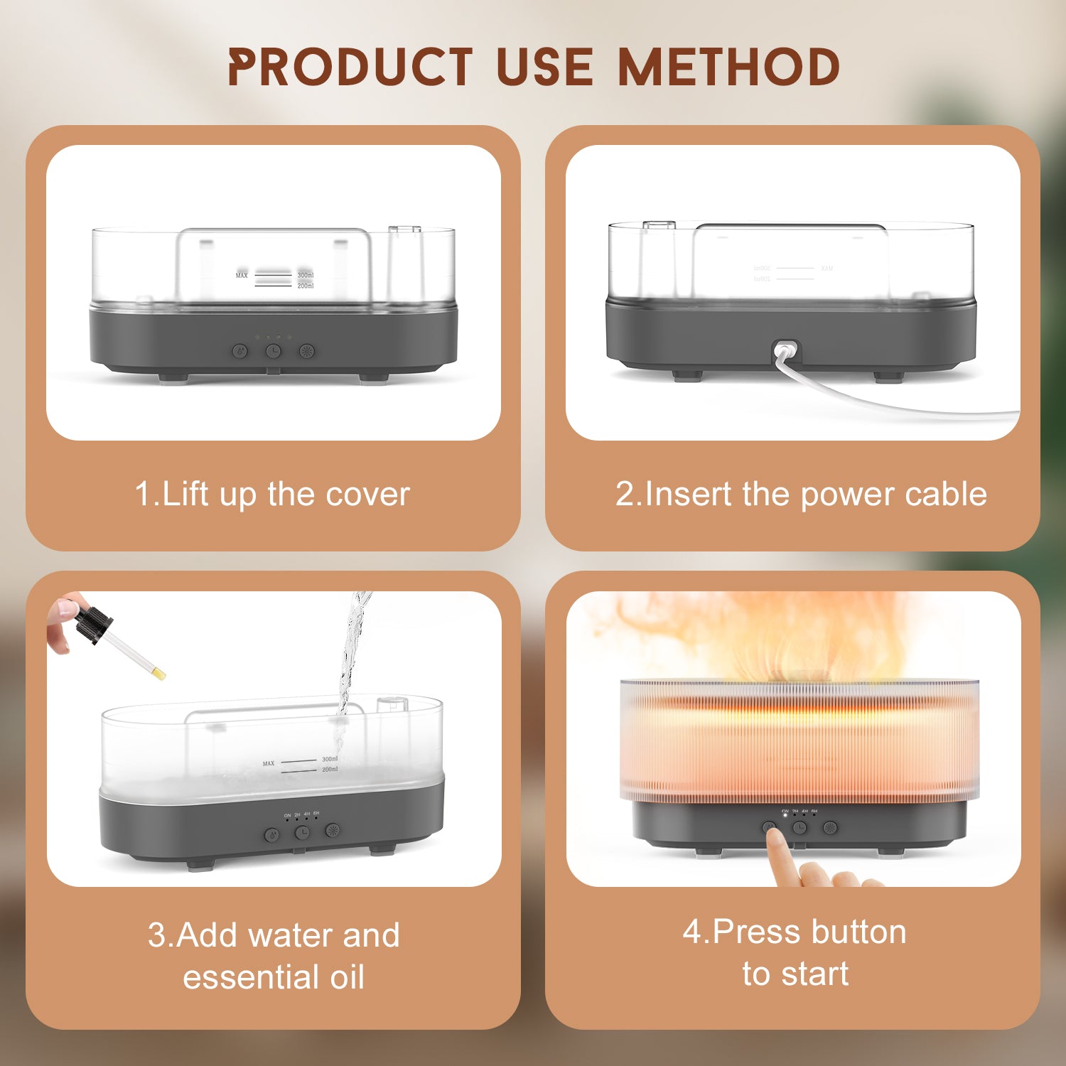 Elegant diffuser emitting a warm flame light, perfect for creating a cozy and inviting ambiance in any room.