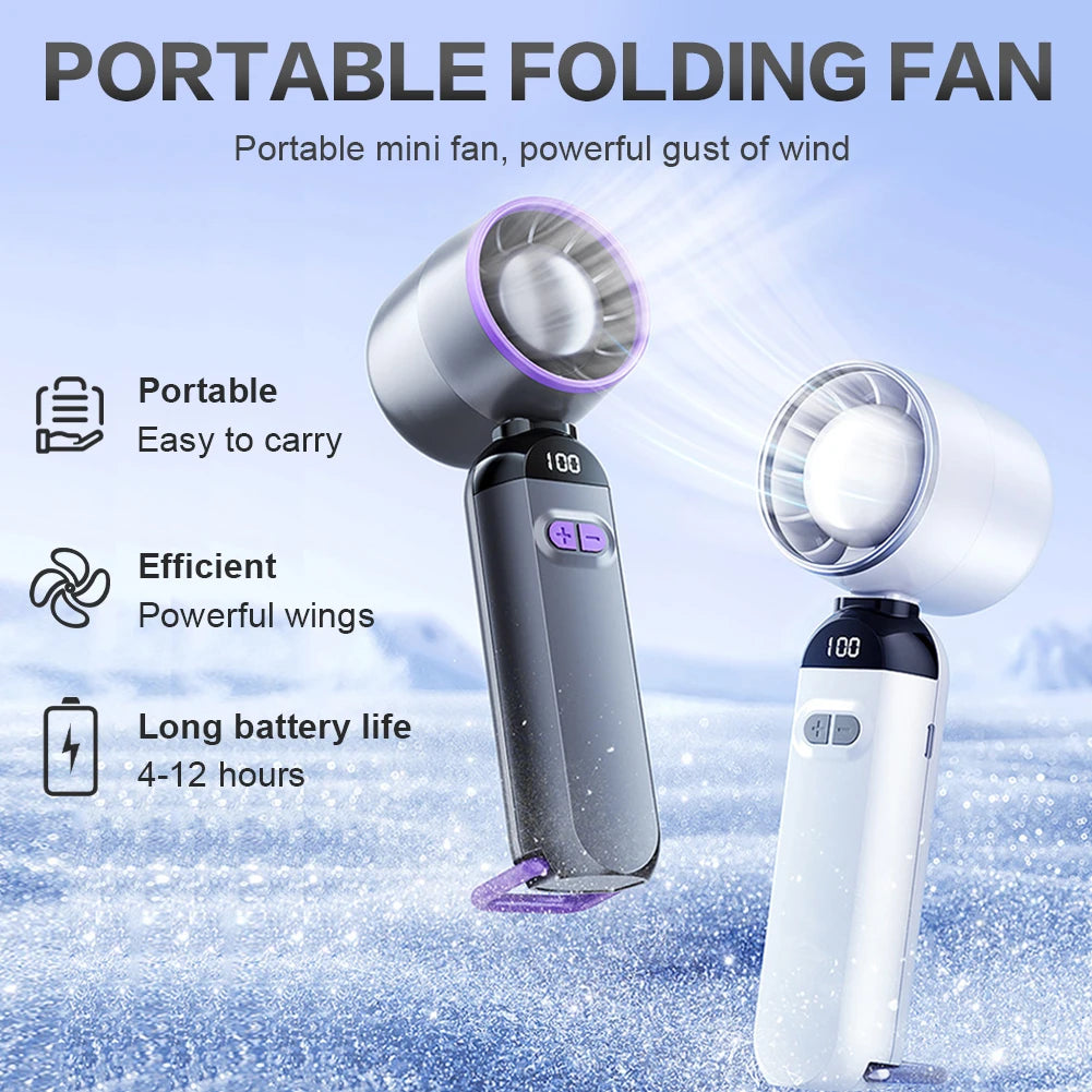 Portable handheld fan offering efficient cooling and compact design for personal comfort on the go.