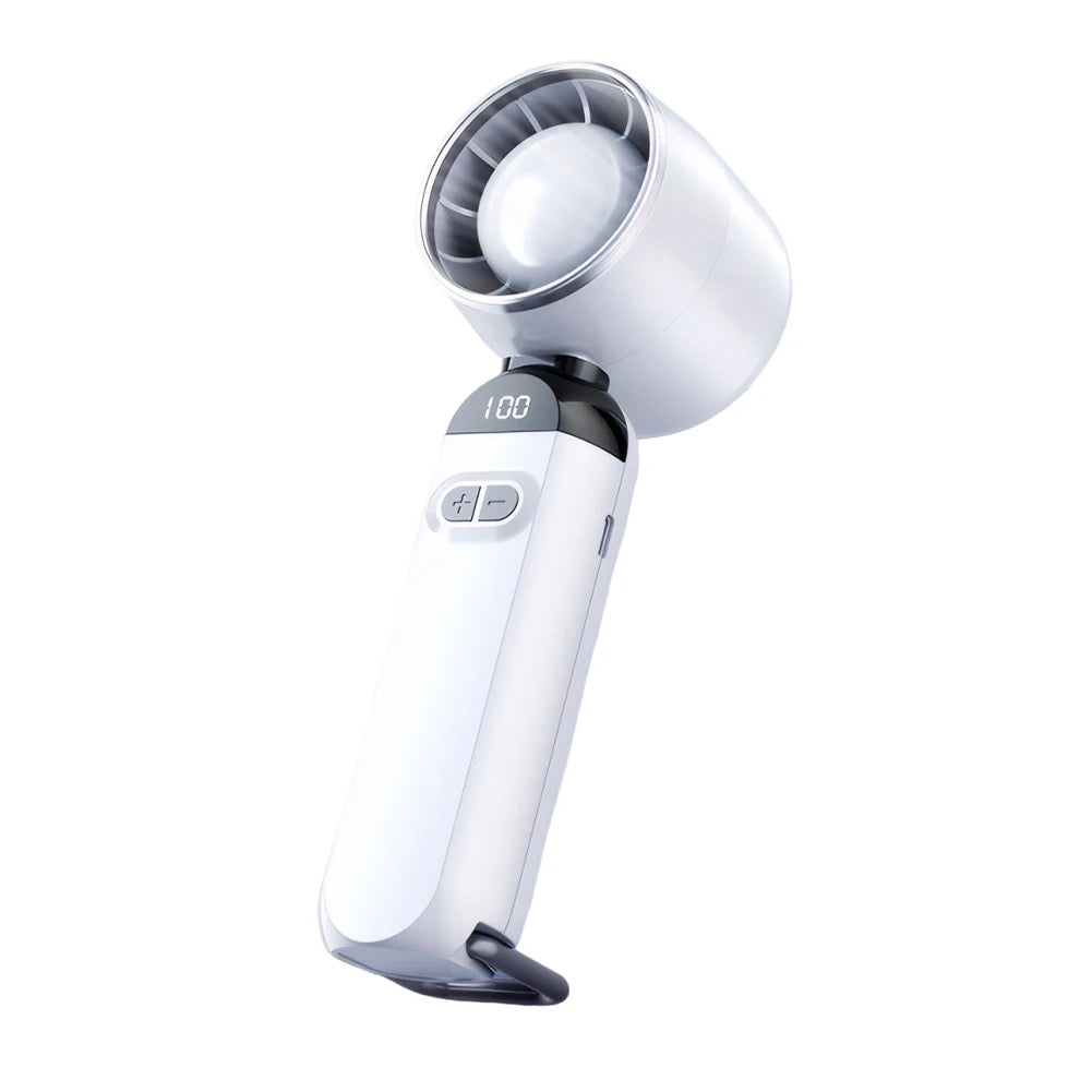 Portable handheld fan offering efficient cooling and compact design for personal comfort on the go.