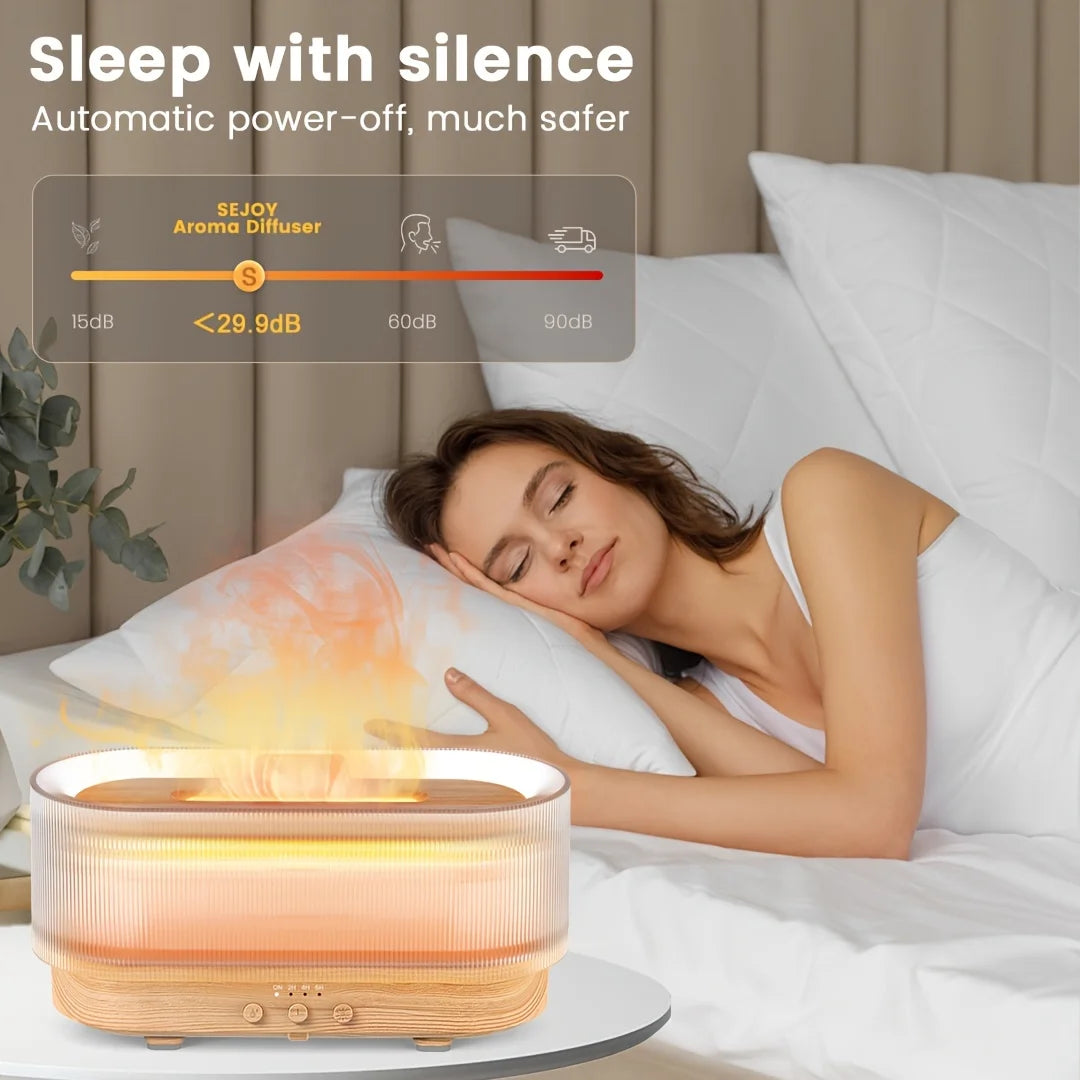 Elegant diffuser emitting a warm flame light, perfect for creating a cozy and inviting ambiance in any room.