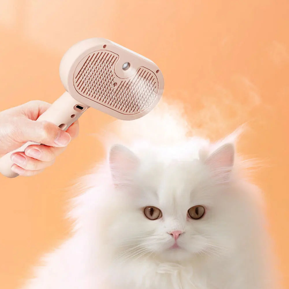 Pet steam brush for gentle grooming, removing pet hair and dirt effectively