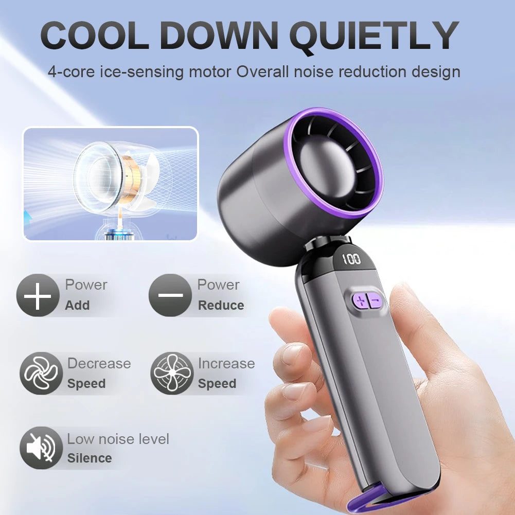 Portable handheld fan offering efficient cooling and compact design for personal comfort on the go.