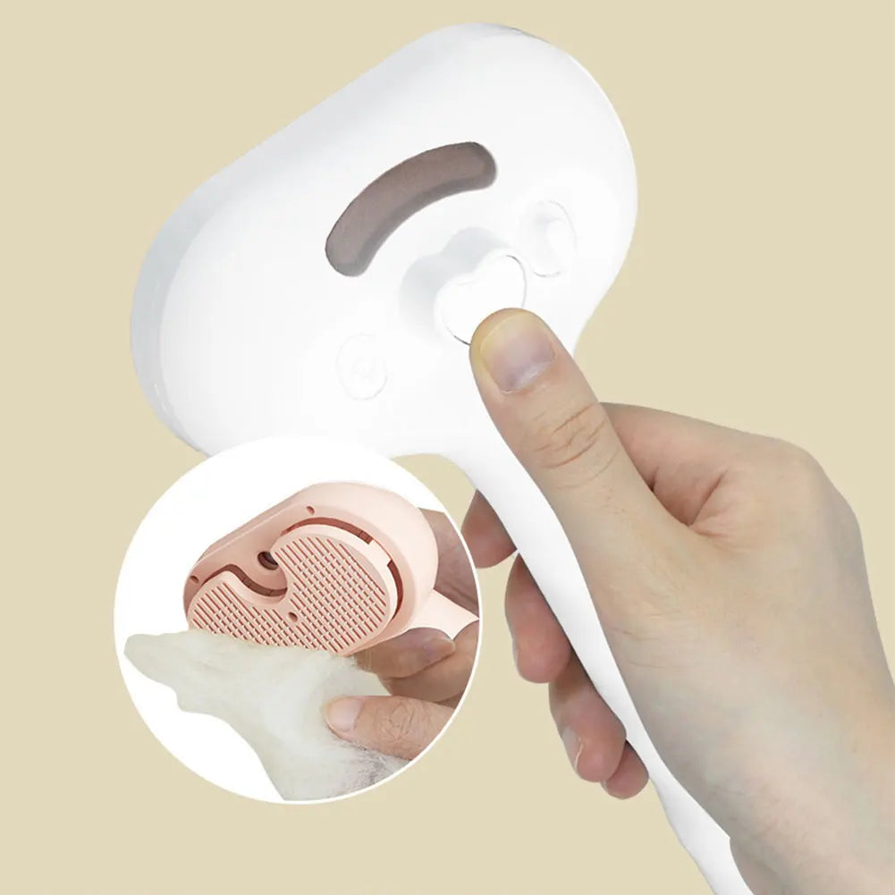 Pet steam brush for gentle grooming, removing pet hair and dirt effectively