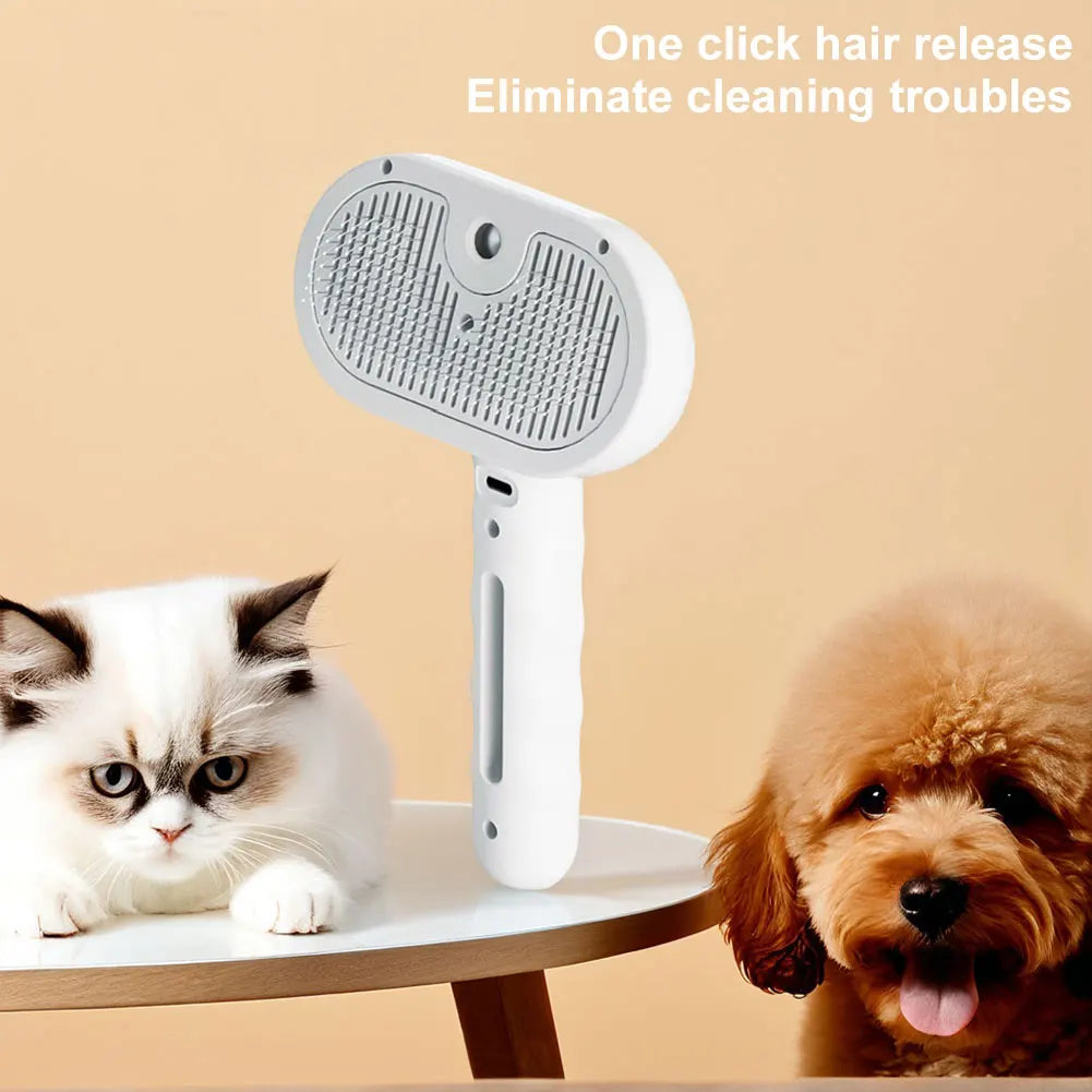 Pet steam brush for gentle grooming, removing pet hair and dirt effectively