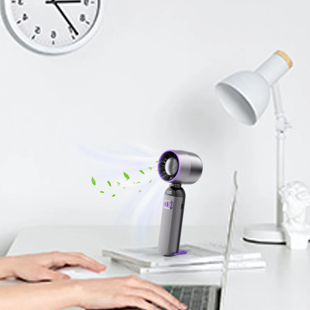 Portable handheld fan offering efficient cooling and compact design for personal comfort on the go.