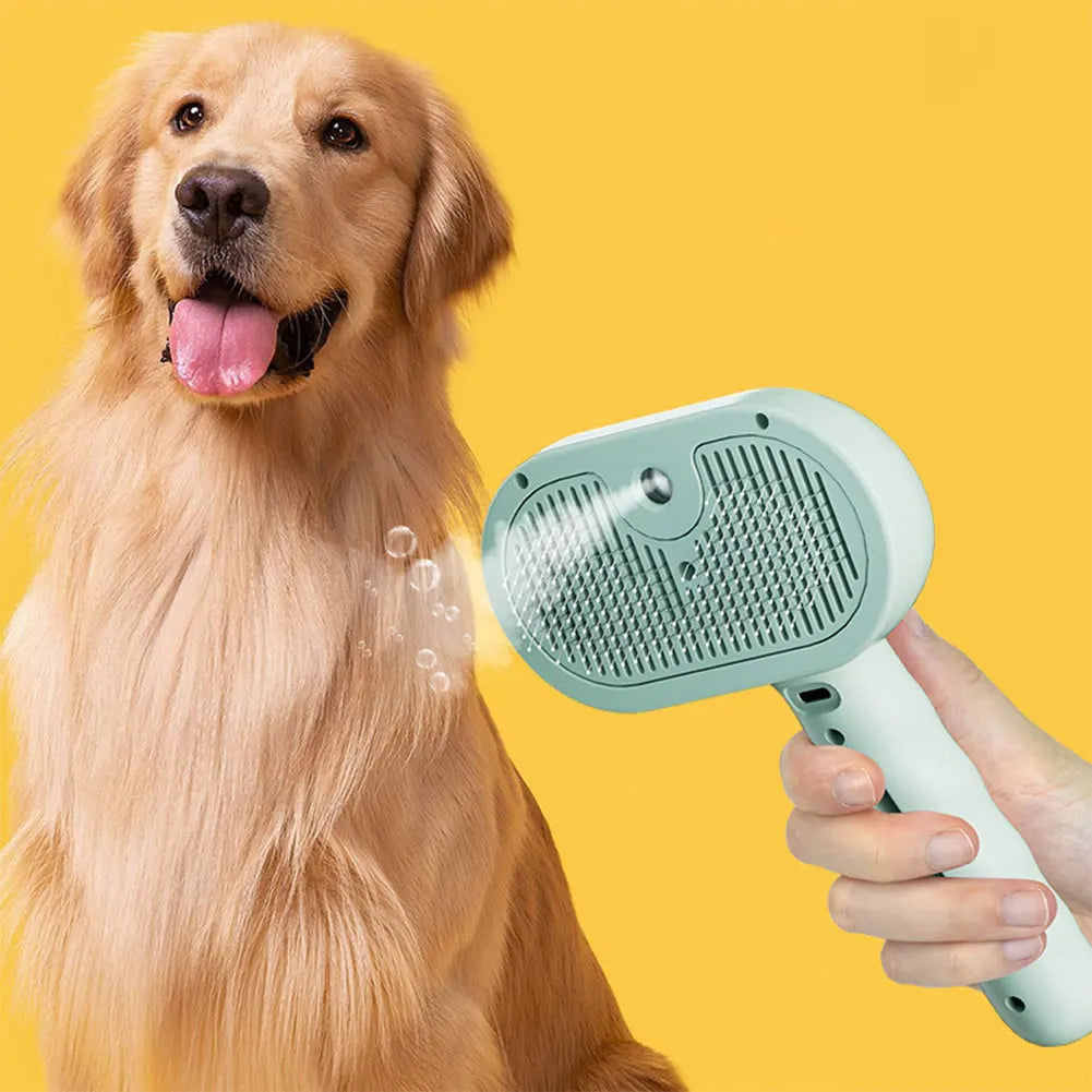 Pet steam brush for gentle grooming, removing pet hair and dirt effectively