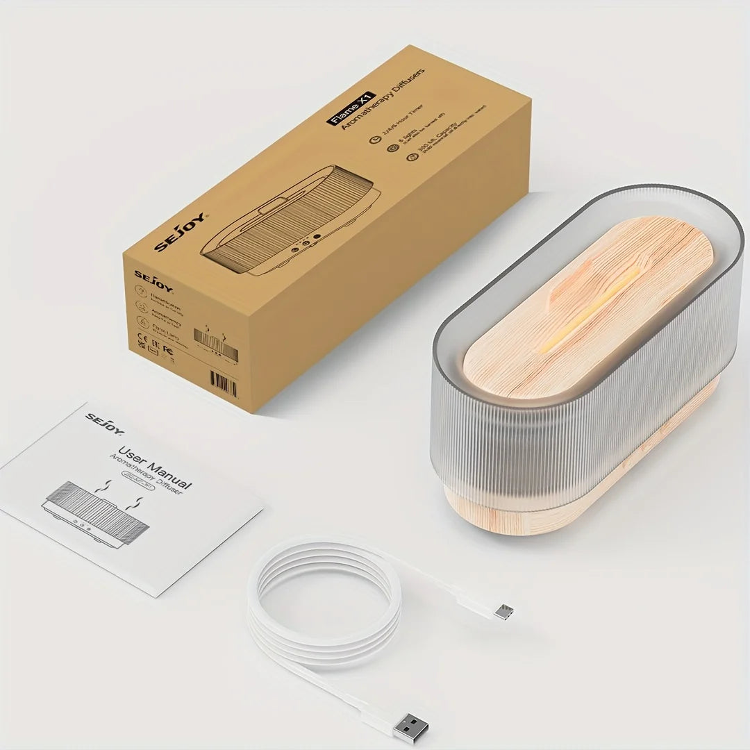 Elegant diffuser emitting a warm flame light, perfect for creating a cozy and inviting ambiance in any room.