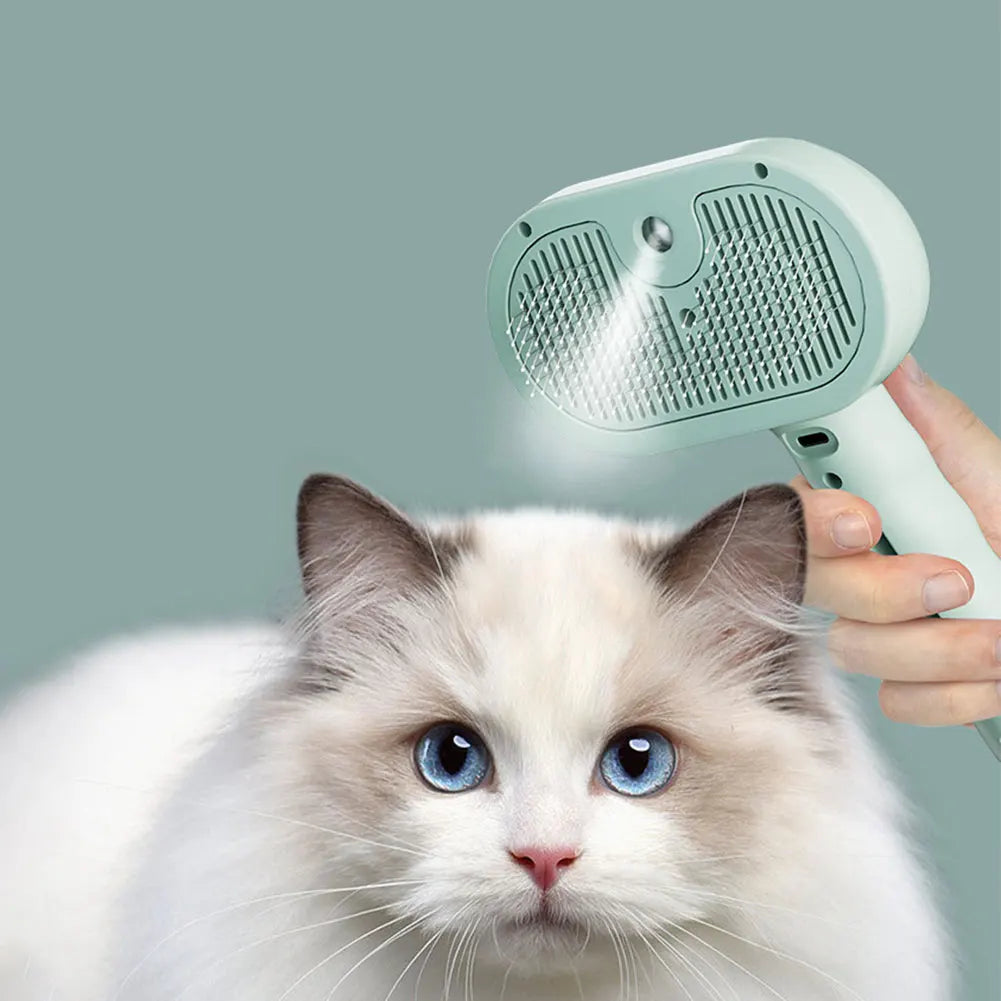 Pet steam brush for gentle grooming, removing pet hair and dirt effectively