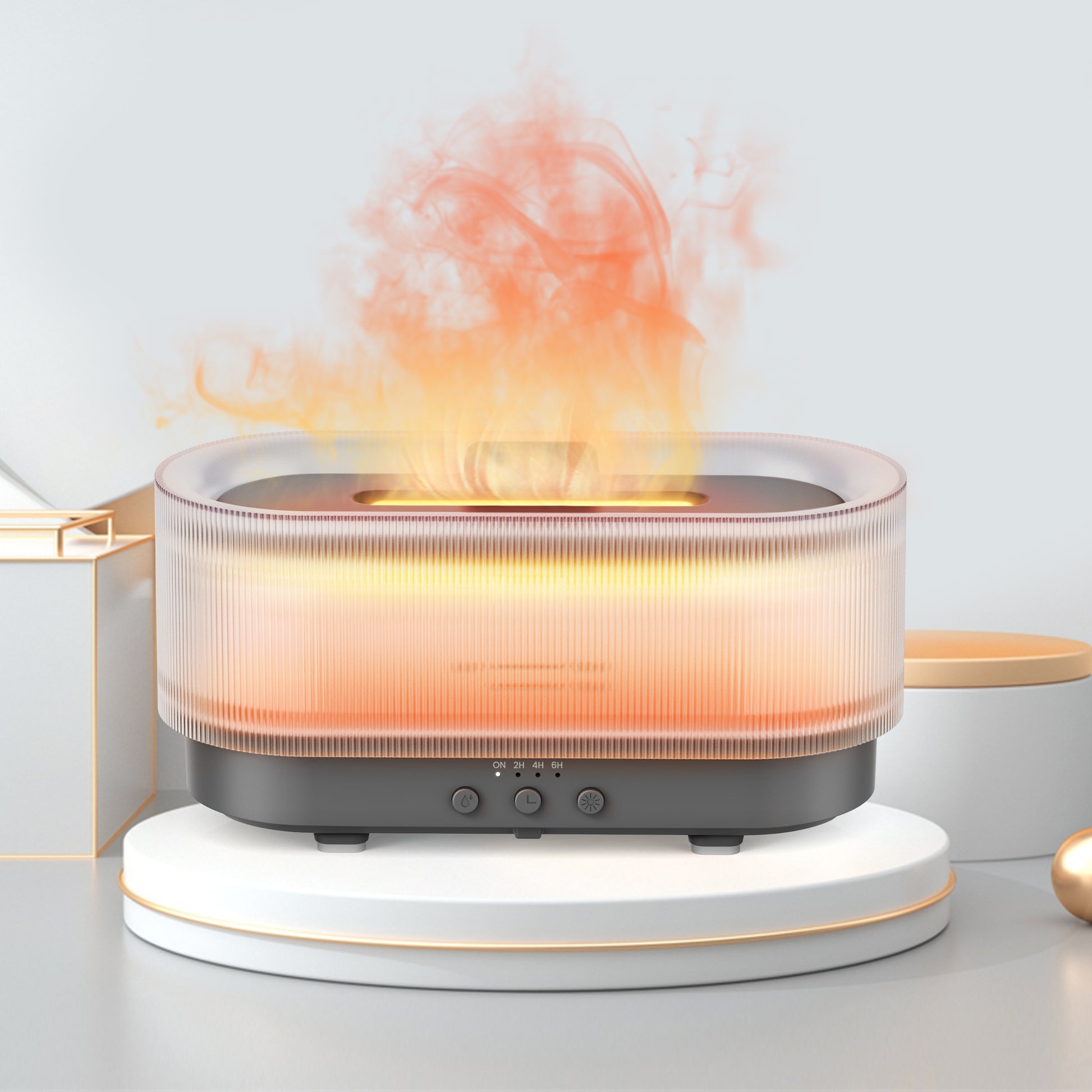 Elegant diffuser emitting a warm flame light, perfect for creating a cozy and inviting ambiance in any room.