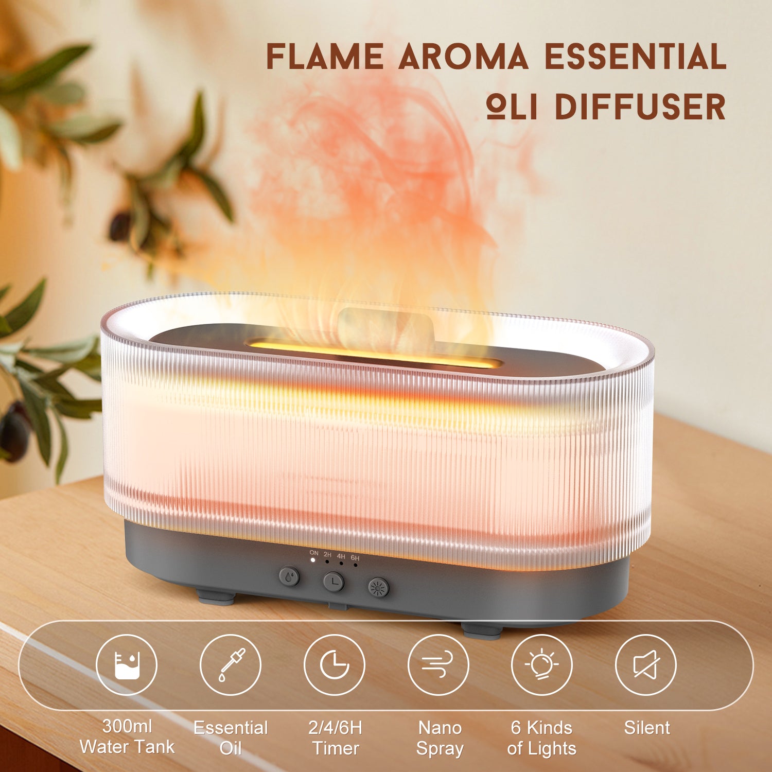 Elegant diffuser emitting a warm flame light, perfect for creating a cozy and inviting ambiance in any room.